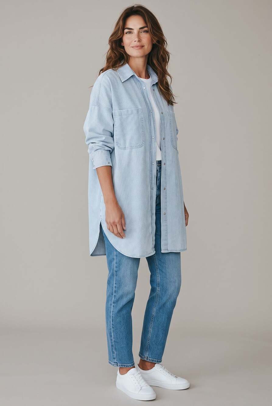 Zara Striped Denim Oversized Shirt Dress Blue White Size M